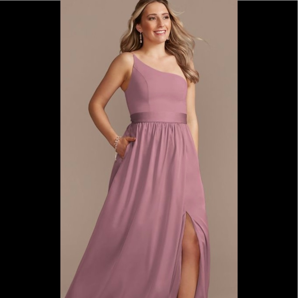 one-shoulder long crepe charmeuse bridesmaid dress